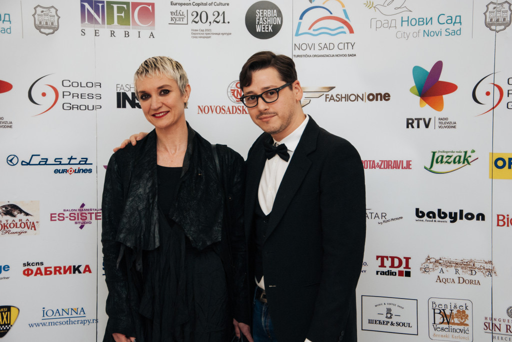 SANDRINE PHILIPPE, Winner of the award for Best International Collection stands with Rozario Morabito of Vogue Talents 